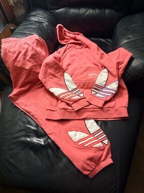adidas Coral Pink Trefoil Hoodie & Joggers Set Sz XL
